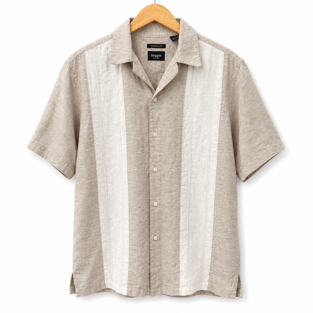 Haggar Mens Large Washable Linen Blend Short Sleeve Camp Shirt Tan Cream Panel